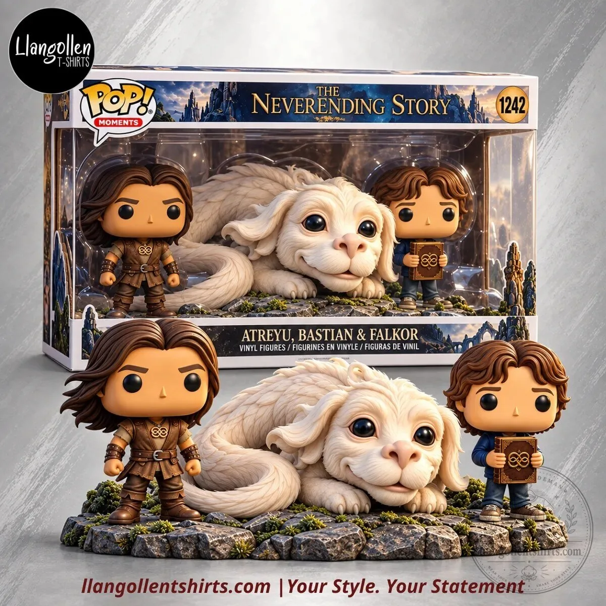 The NeverEnding Story Atreyu, Bastian & Falkor Pop Moments 1242 AURYN Book Fantasy Vinyl Figure Display Set Concept
