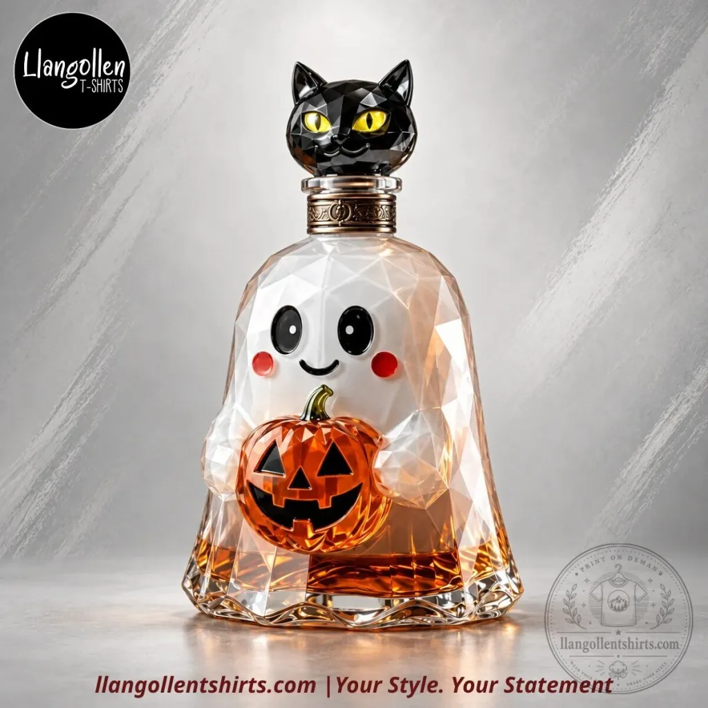 Spooky Sweet Halloween Ghost & Jack-O’-Lantern Faceted Glass Whiskey Decanter with Black Cat Stopper Spooky Sweet Halloween Ghost & Jack-O’-Lantern Faceted Glass Whiskey Decanter with Black Cat Stopper