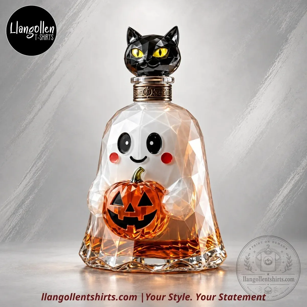 Spooky Sweet Halloween Ghost & Jack-O’-Lantern Faceted Glass Whiskey Decanter with Black Cat Stopper
