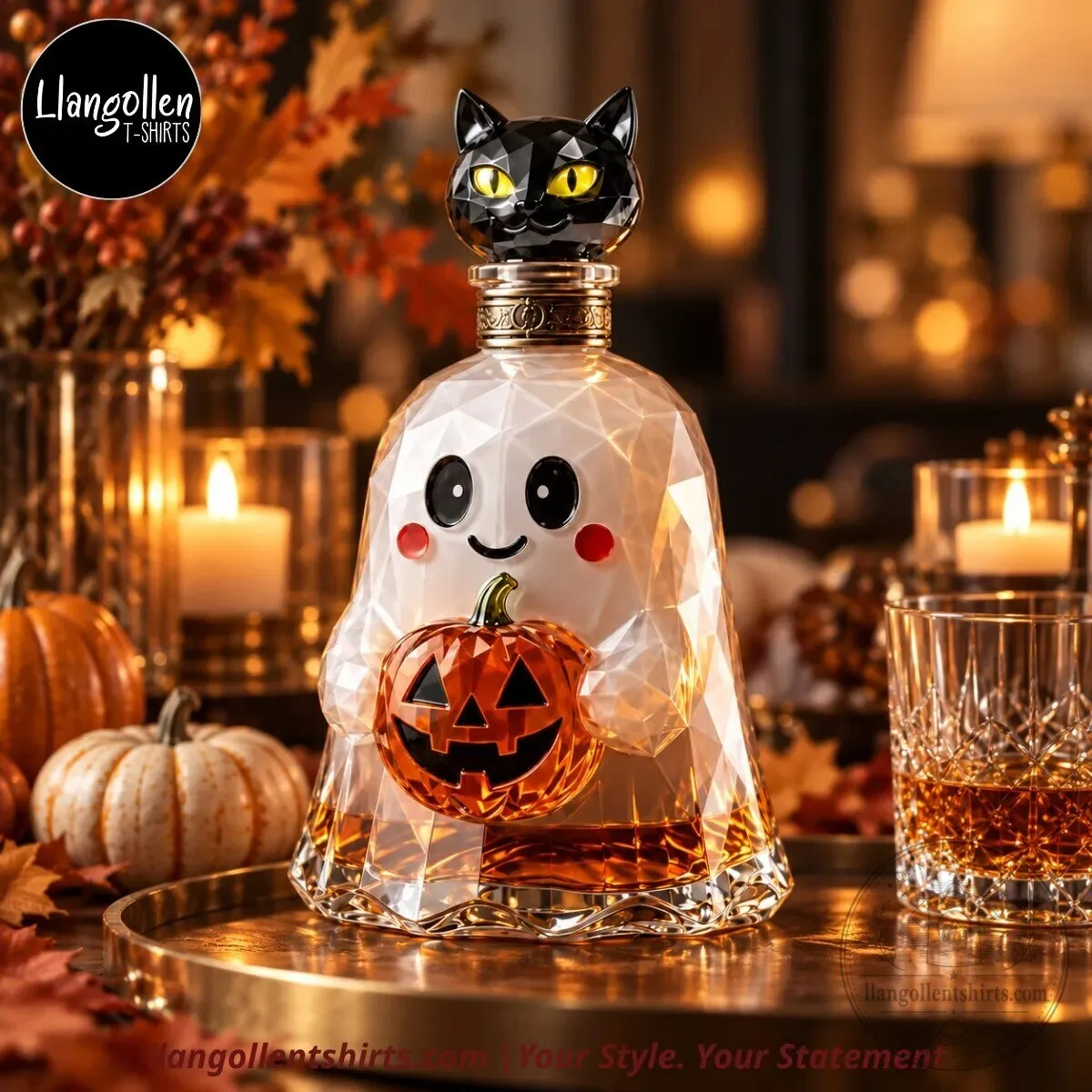 Spooky Sweet Halloween Ghost & Jack-O’-Lantern Faceted Glass Whiskey Decanter with Black Cat Stopper Spooky Sweet Halloween Ghost & Jack-O’-Lantern Faceted Glass Whiskey Decanter with Black Cat Stopper – image 2 of 4