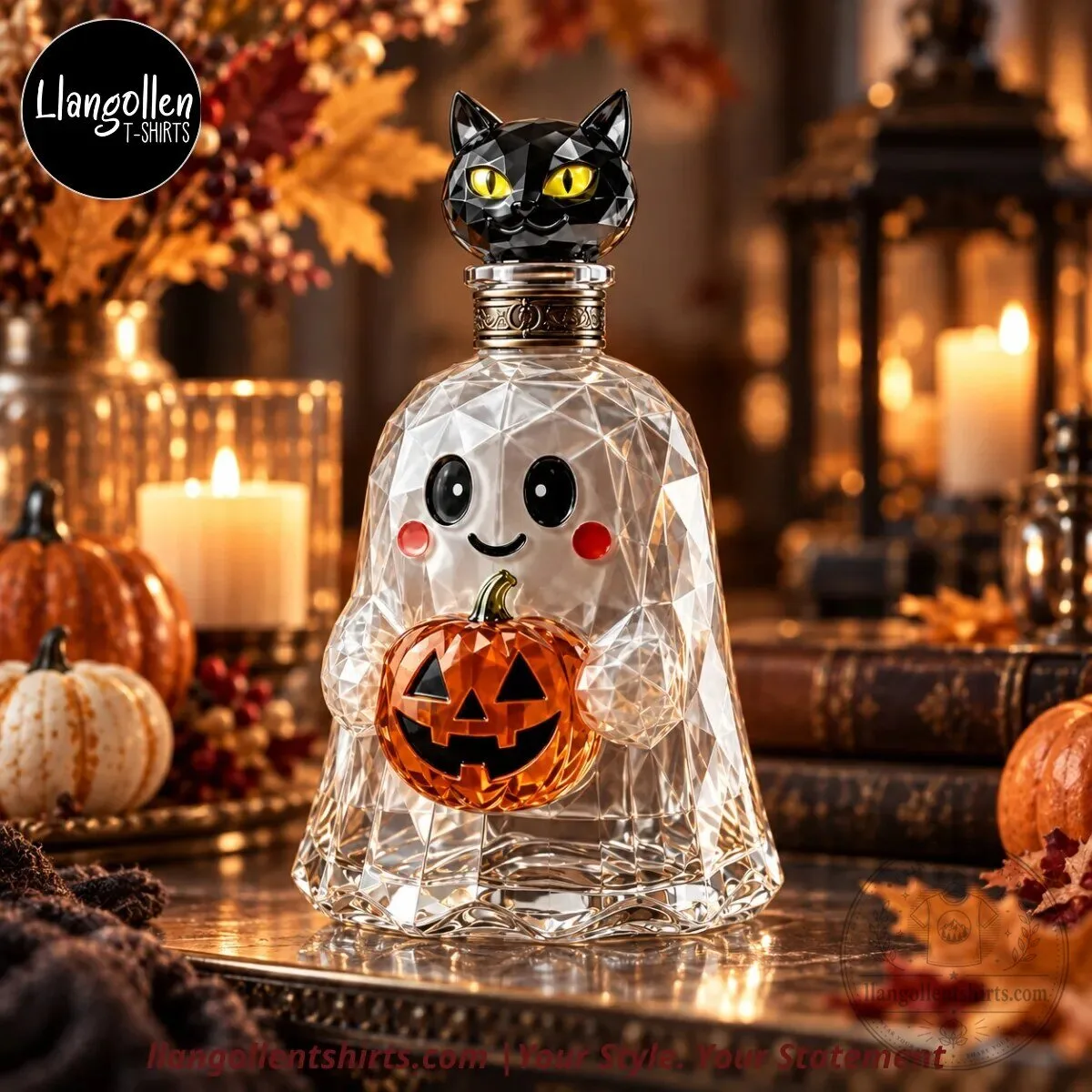Spooky Sweet Halloween Ghost & Jack-O’-Lantern Faceted Glass Whiskey Decanter with Black Cat Stopper Spooky Sweet Halloween Ghost & Jack-O’-Lantern Faceted Glass Whiskey Decanter with Black Cat Stopper – image 3 of 4