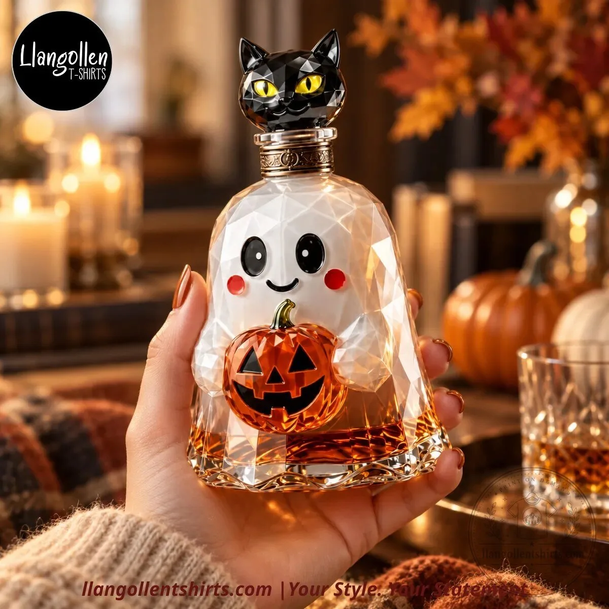 Spooky Sweet Halloween Ghost & Jack-O’-Lantern Faceted Glass Whiskey Decanter with Black Cat Stopper Spooky Sweet Halloween Ghost & Jack-O’-Lantern Faceted Glass Whiskey Decanter with Black Cat Stopper – image 4 of 4
